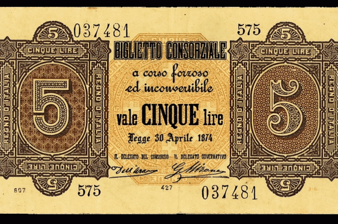BIGLIETTO CONSORZIALE da 5 lire 30 Aprile 1874